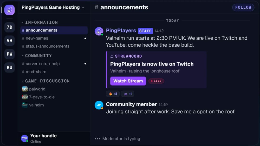 The PingPlayers Game Hosting Discord server: announcements, server setup help, mod sharing and game discussion channels