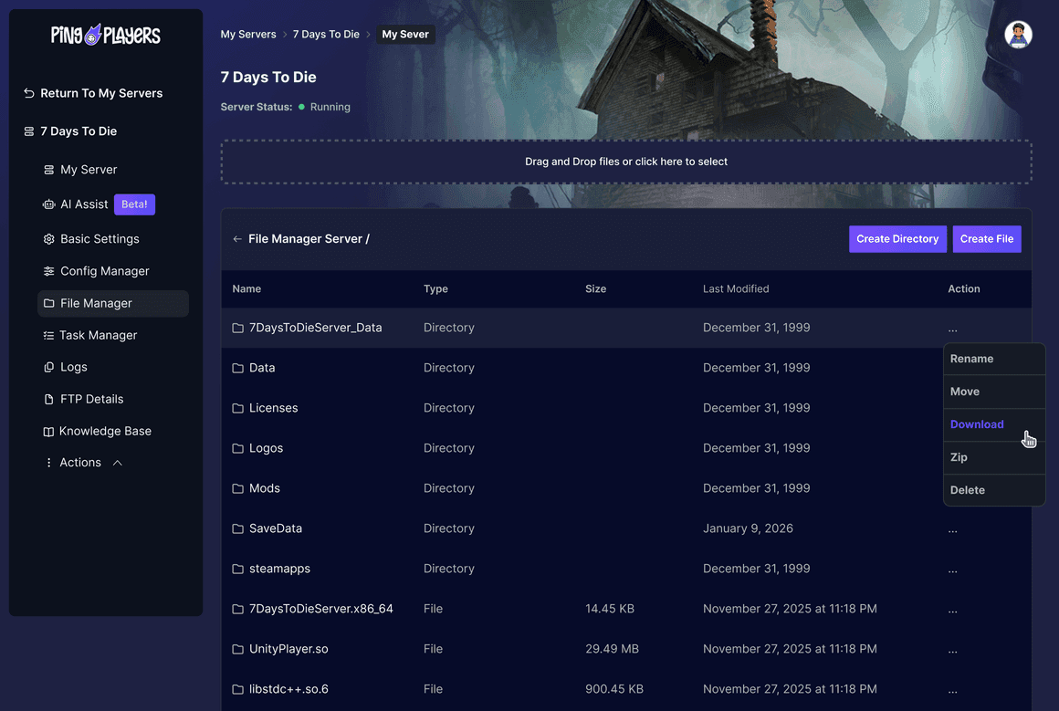 The Mods screen in the PingPlayers control panel