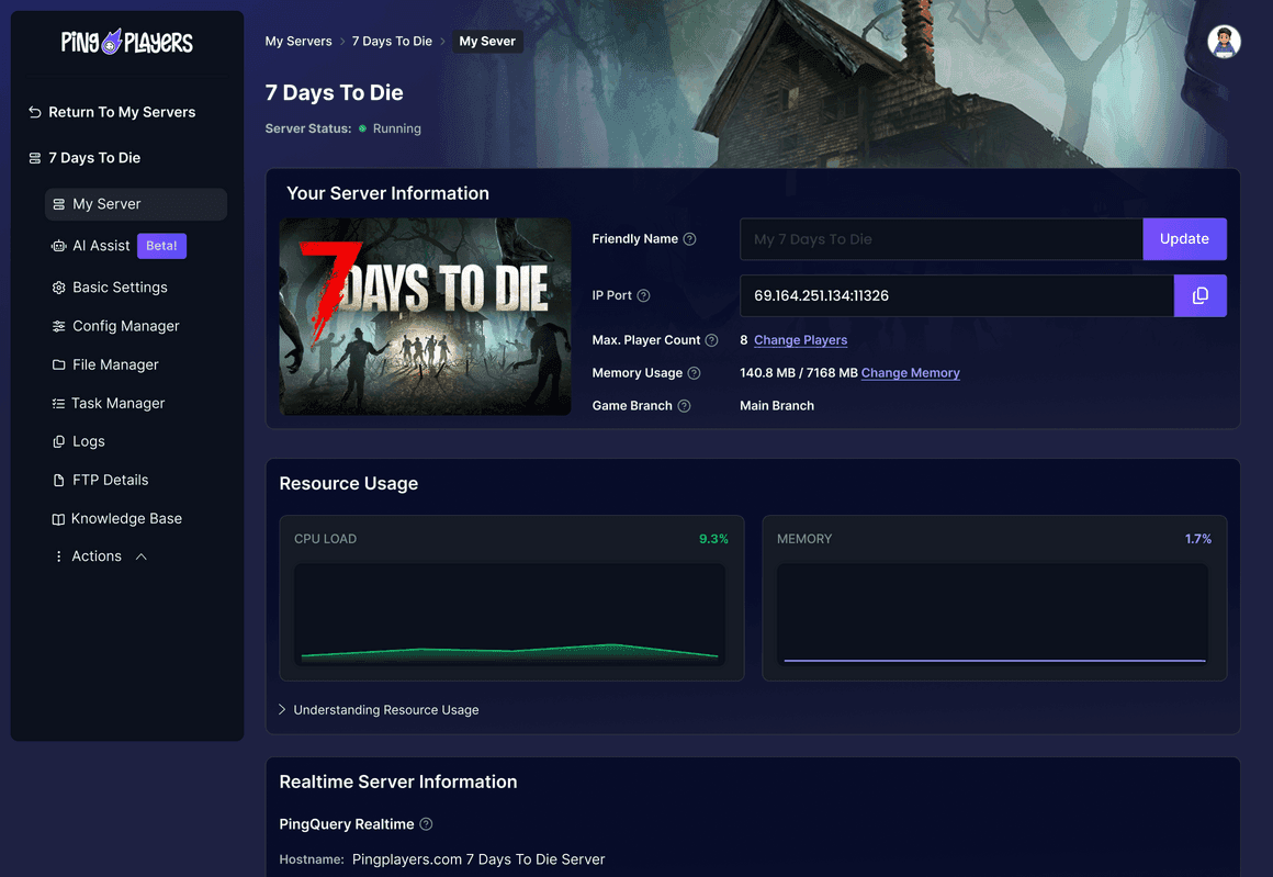 The PingPlayers control panel, My Server screen