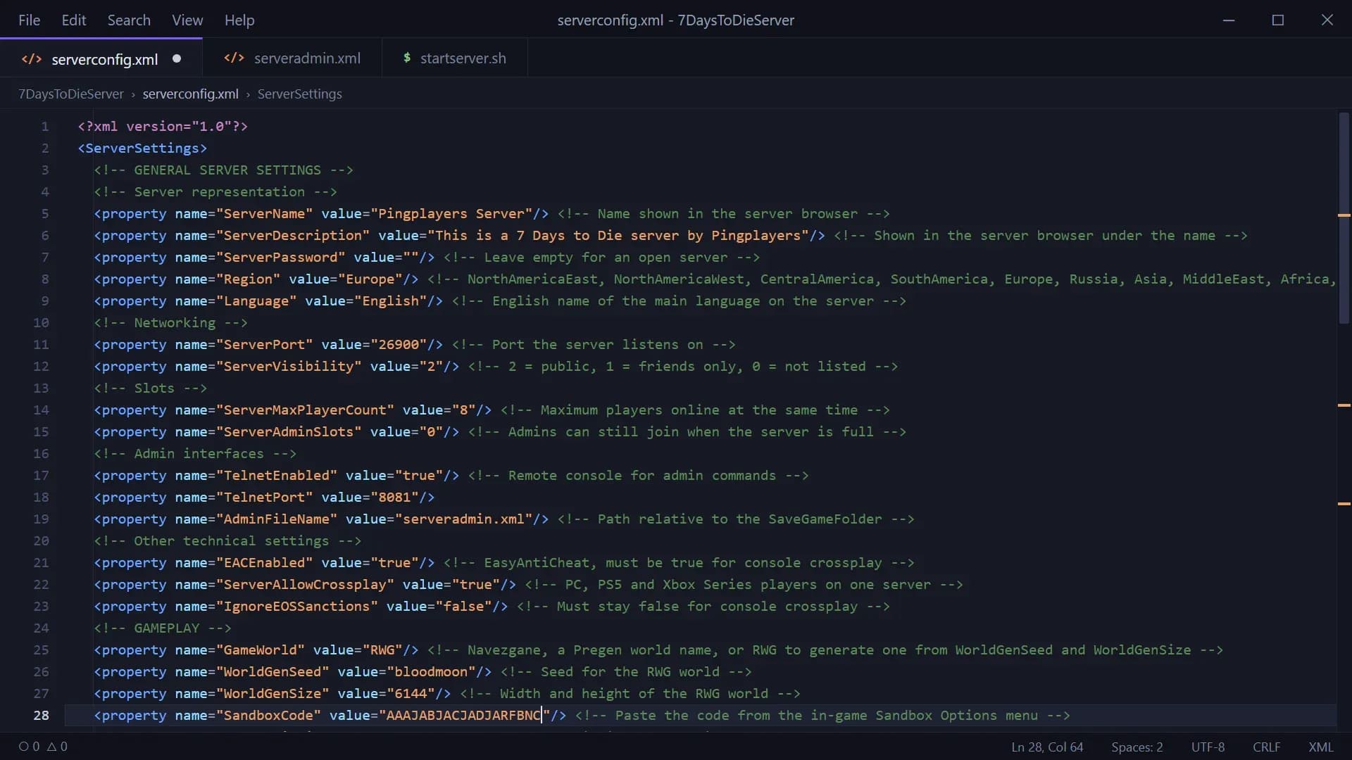 O arquivo serverconfig.xml de um servidor dedicado de 7 Days to Die aberto em um editor de texto, com uma configuração por linha