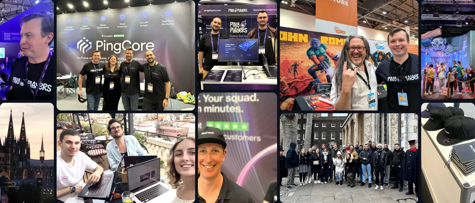 Photo collage of the PingPlayers team on the stand and the show floor at Gamescom 2026 in Cologne, at GDC 2026 in San Francisco, at MCM Comic Con, on a terrace in Barcelona and at the Tower of London