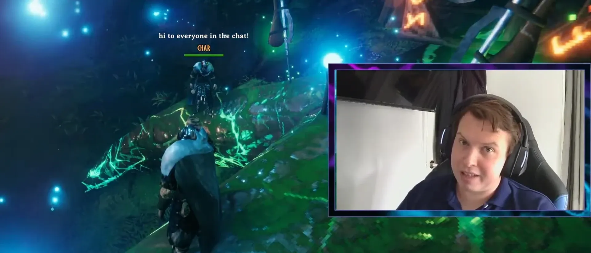 Krispy live on stream, talking to the camera over Valheim gameplay