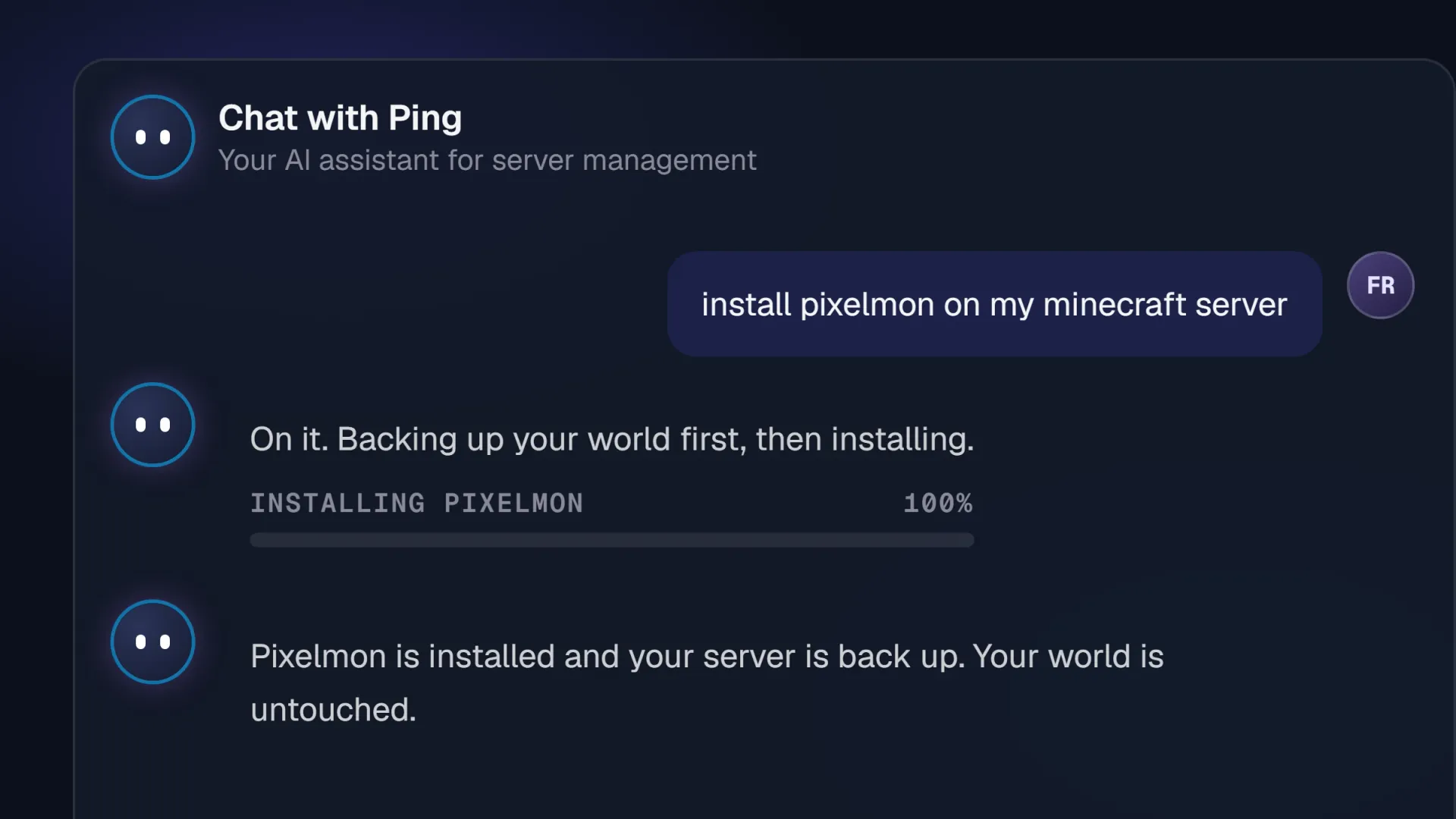 Chat with Ping in the PingPlayers control panel installing Pixelmon on a Minecraft server