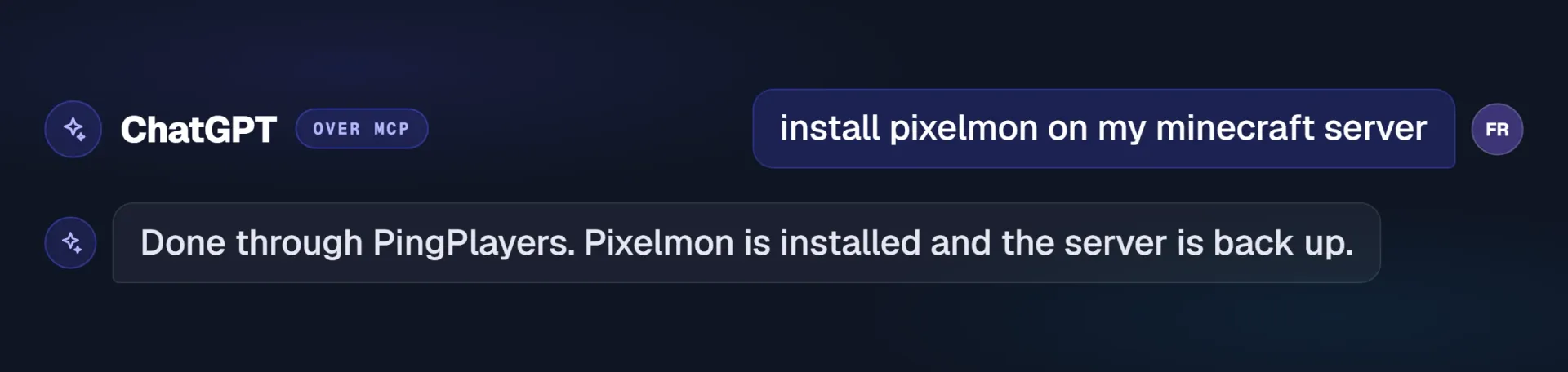ChatGPT connected over MCP: install pixelmon on my minecraft server. Pixelmon is installed and the server is back up.