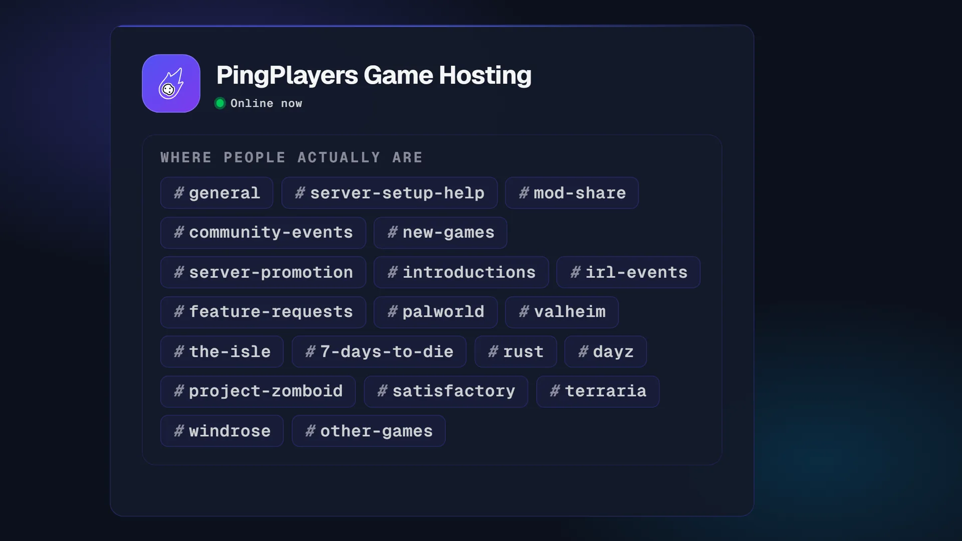 El servidor de Discord de hosting de juegos de PingPlayers con sus canales públicos: general, server-setup-help, mod-share, community-events, new-games, server-promotion y un canal por juego