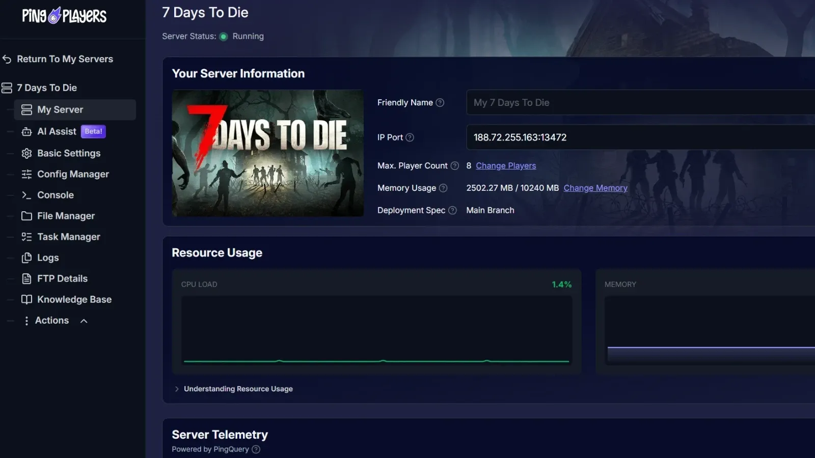 PingPlayers control panel, My Server screen: sidebar with Console and File Manager, server status, IP and port, player slots, memory and live CPU and memory graphs