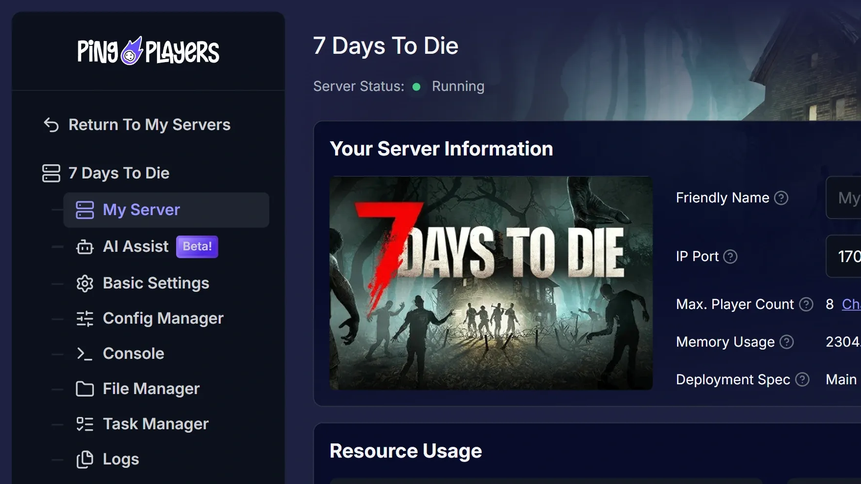 PingPlayers control panel, My Server screen: sidebar with Console and File Manager, server status, IP and port, player slots, memory and live CPU and memory graphs