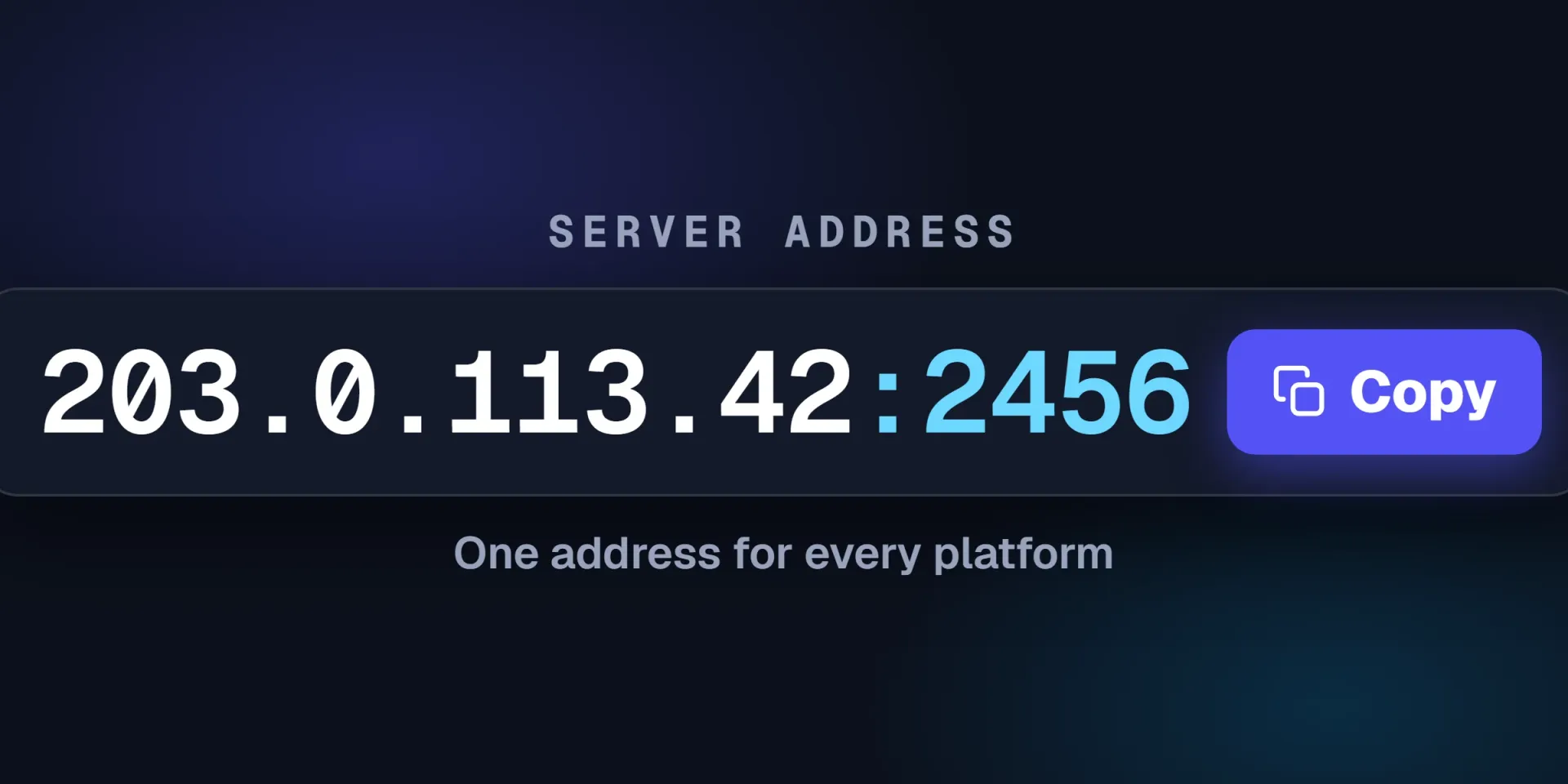 The server address and port with a copy button and the same address pasted into a group chat