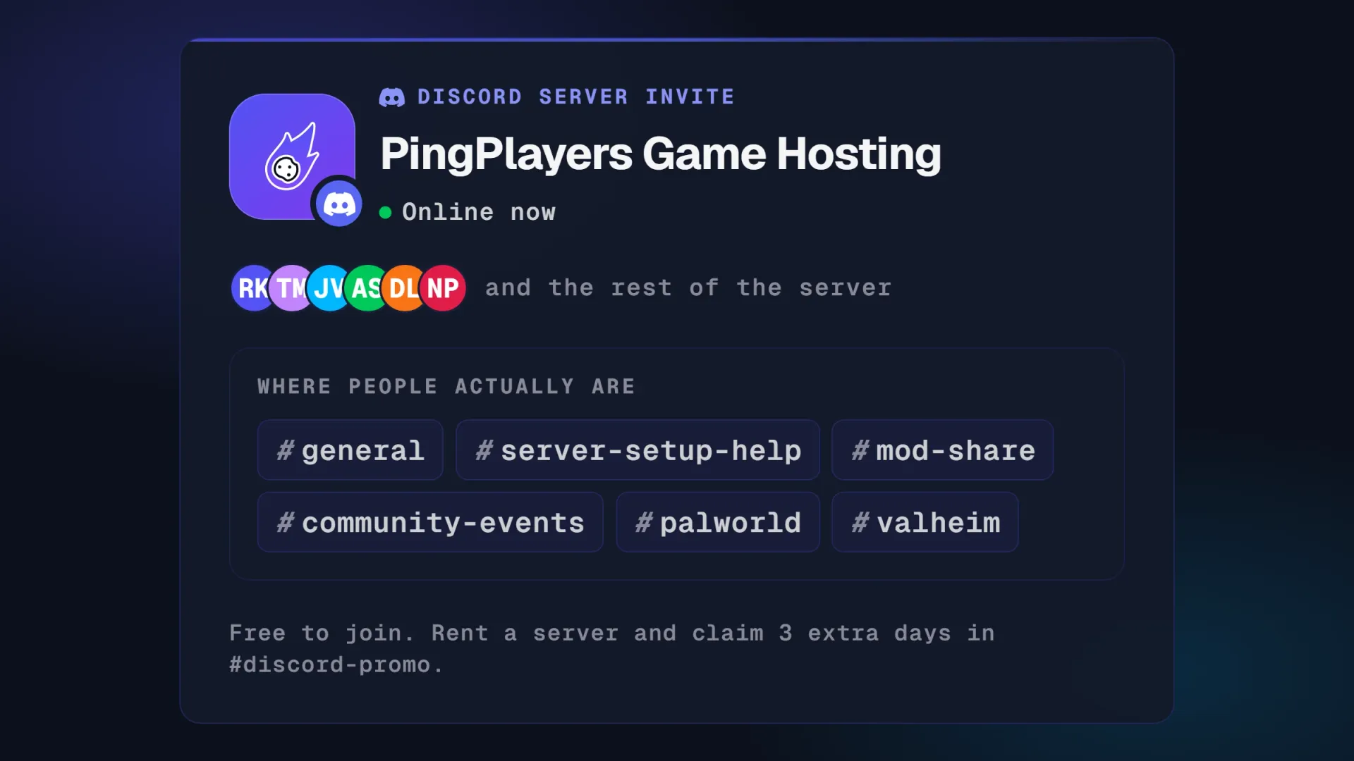 The PingPlayers Game Hosting Discord card, showing the busiest channels in the server