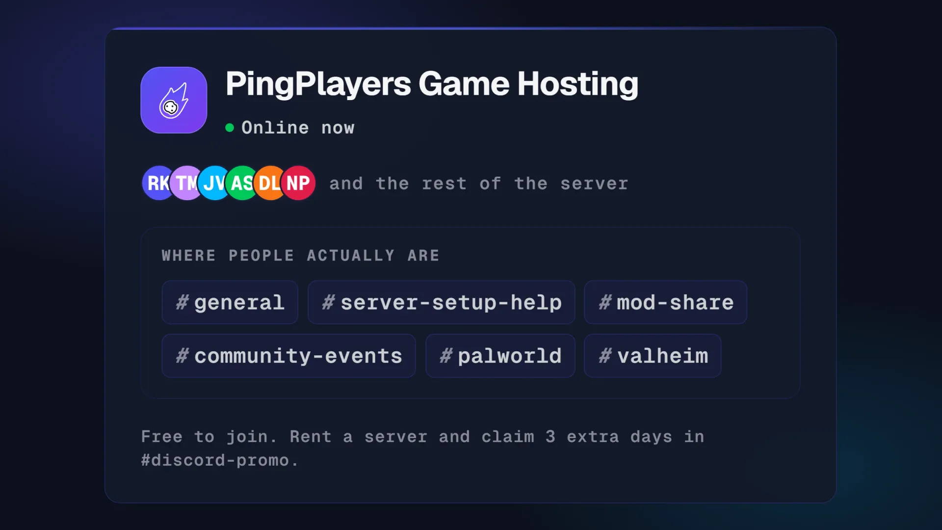 The PingPlayers Game Hosting Discord card, showing the busiest channels in the server