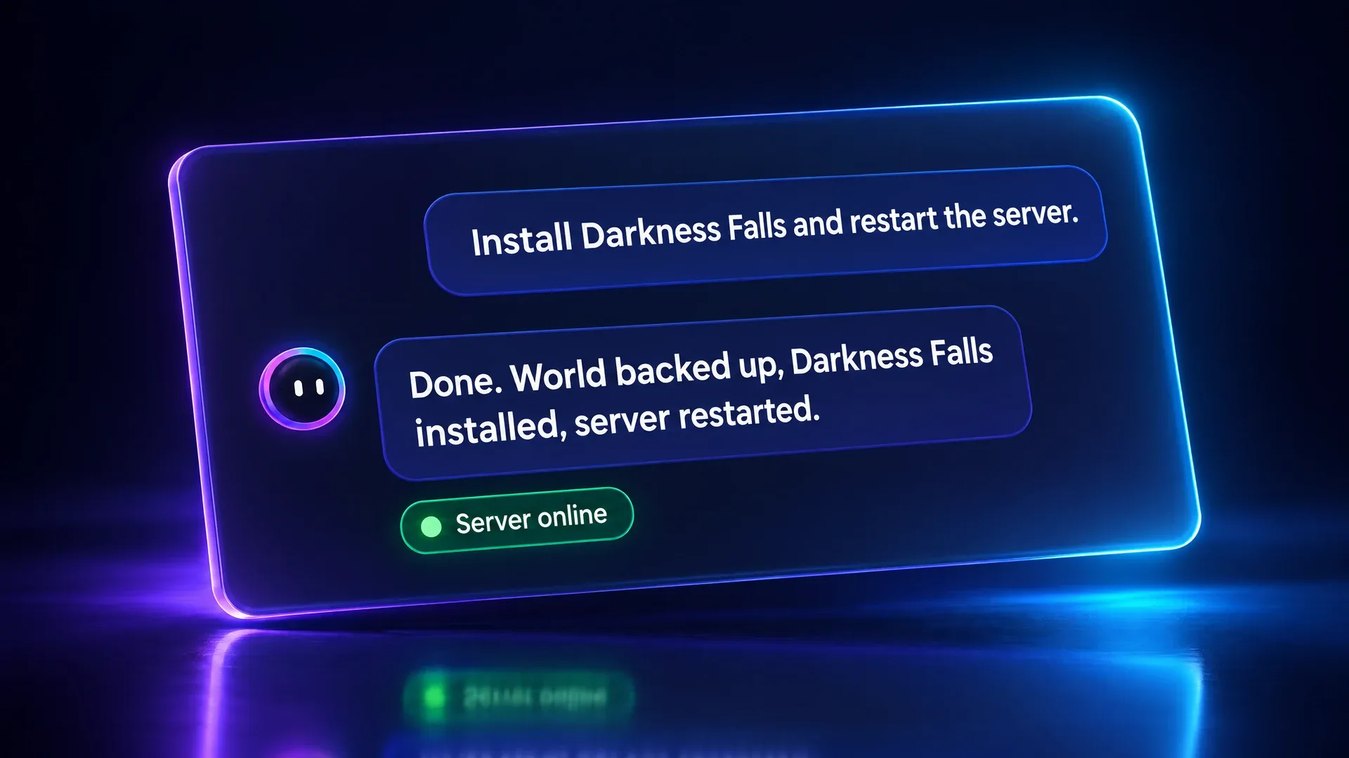Ping AI chat: the player asks for a mod install and a restart, Ping backs up the world, installs the mod and restarts the server