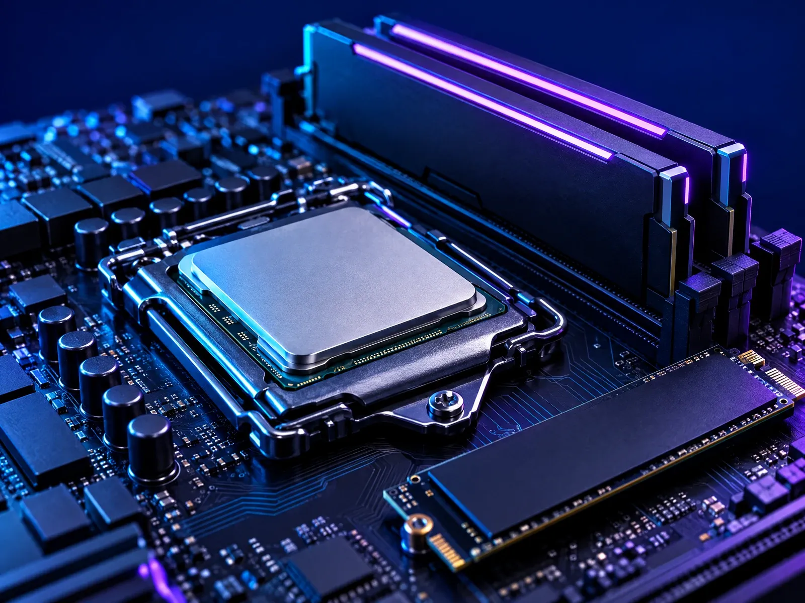 Close-up of the CPU on a PingPlayers server board, with DDR5 memory and an NVMe drive beside it