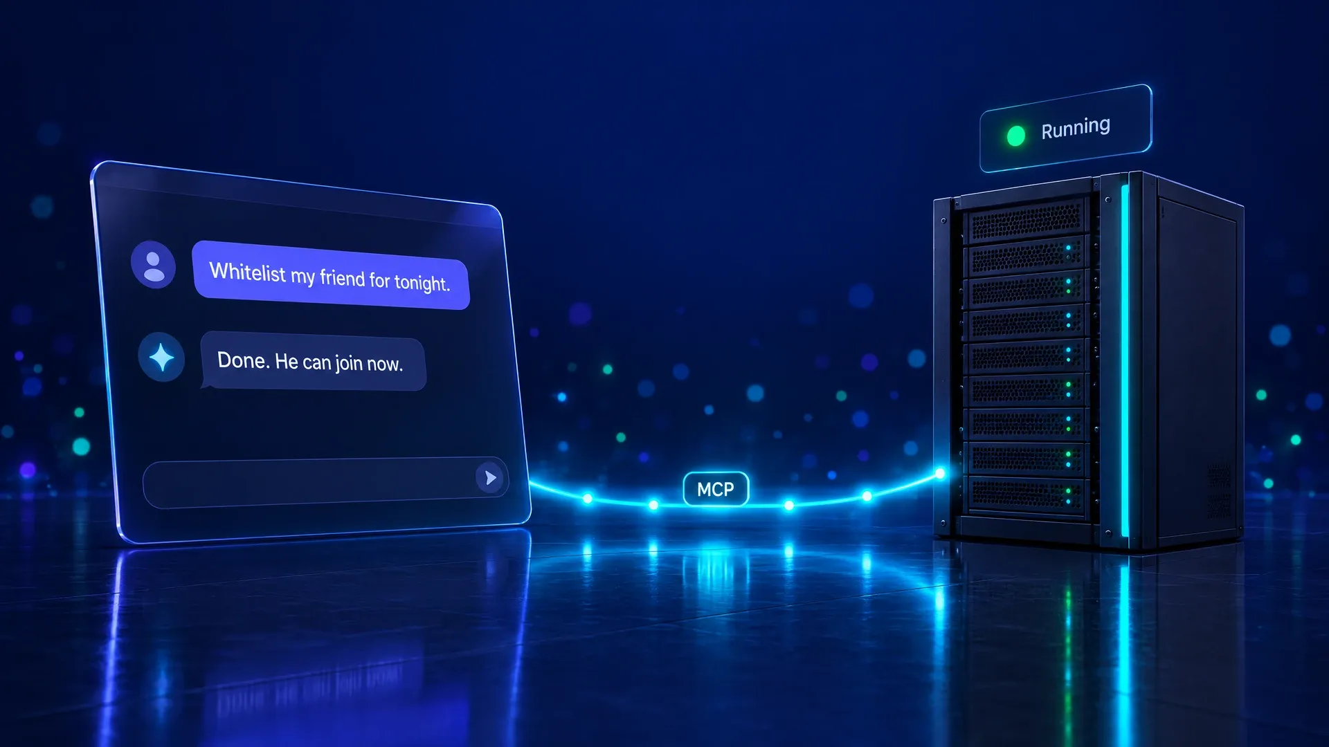 A chat with an AI assistant asking to whitelist a friend, joined by a glowing MCP link to a game server marked Running