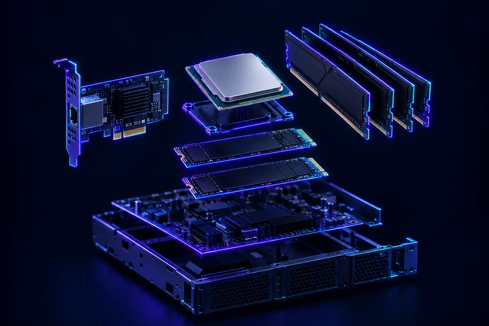 Las partes de un server de PingPlayers expuestas: CPU, memoria DDR5, unidades NVMe y tarjeta de red