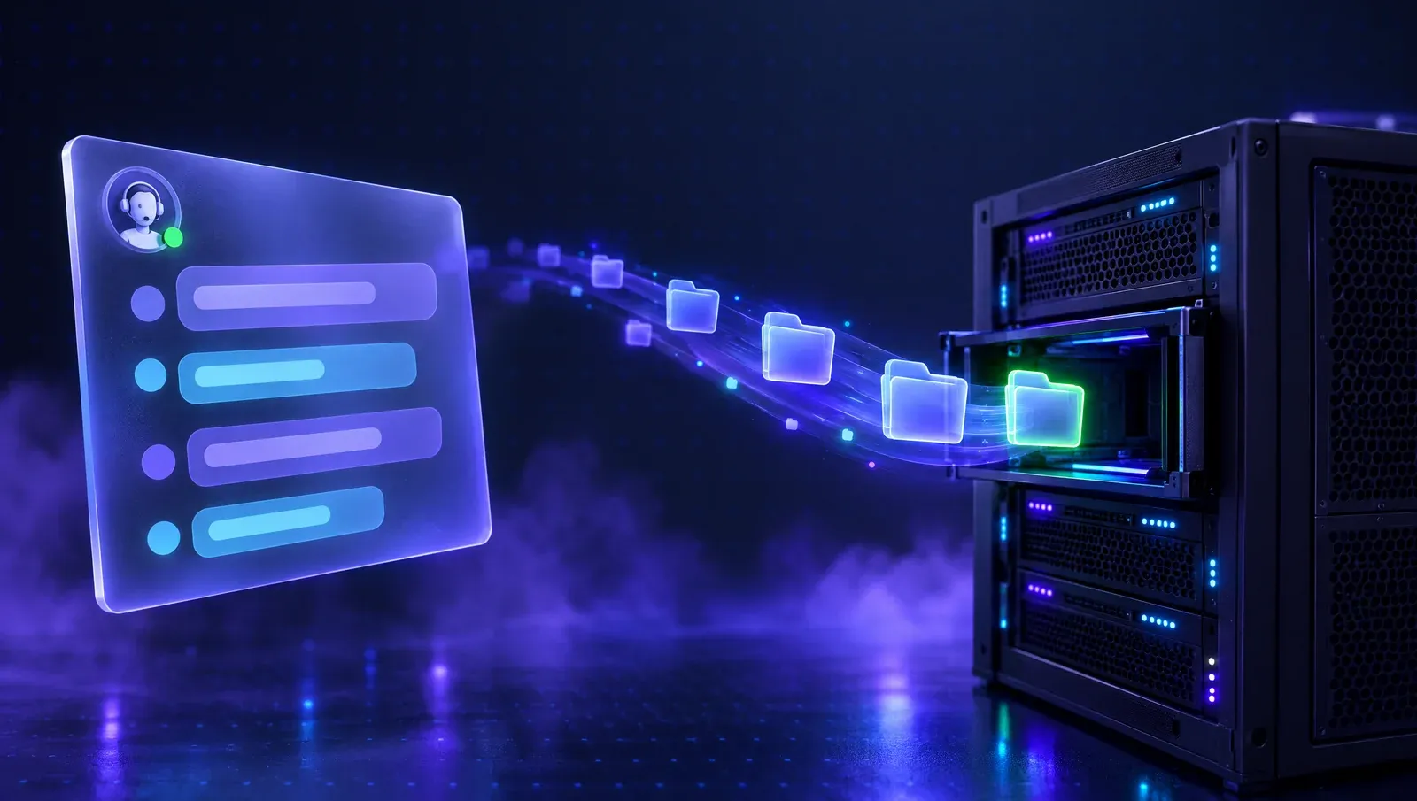 A live chat card handing a stream of folders to a PingPlayers server: tell us where it lives, we pull the files