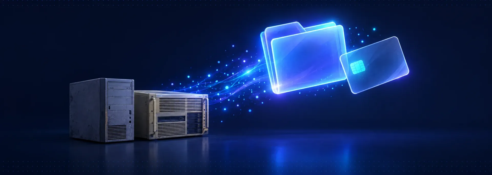 An old PC and server handing over a glowing folder and a key card