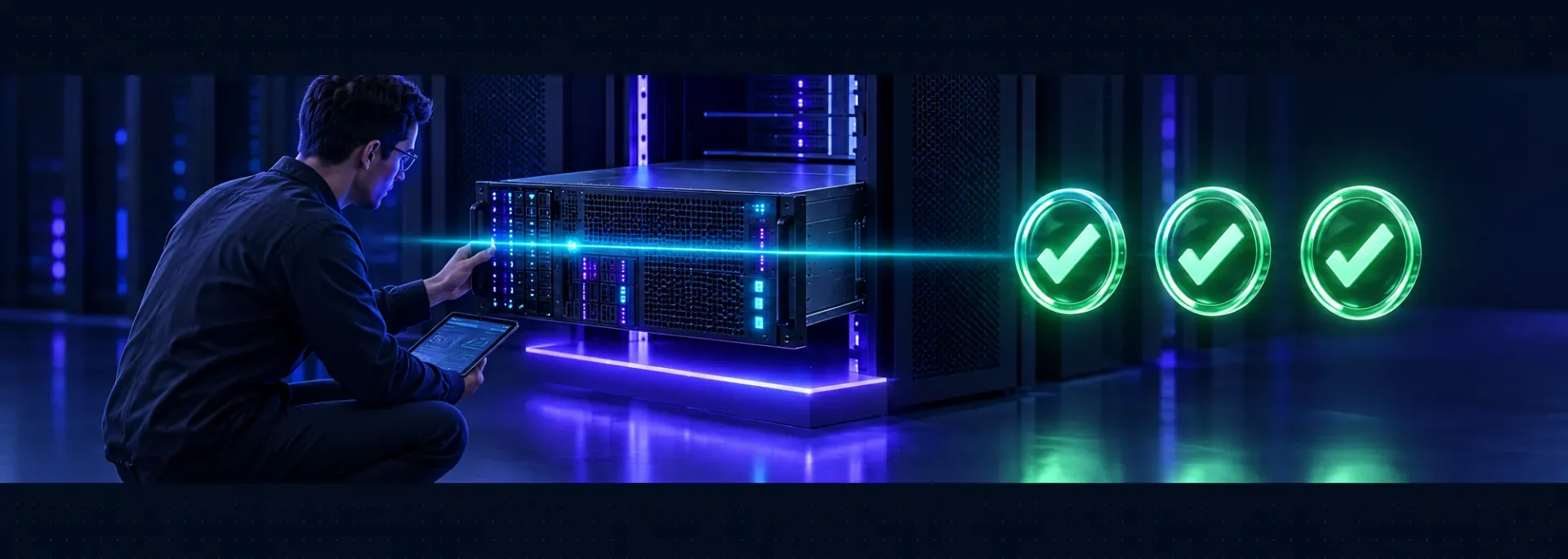 A PingPlayers rack server under a scanning beam with three green check marks