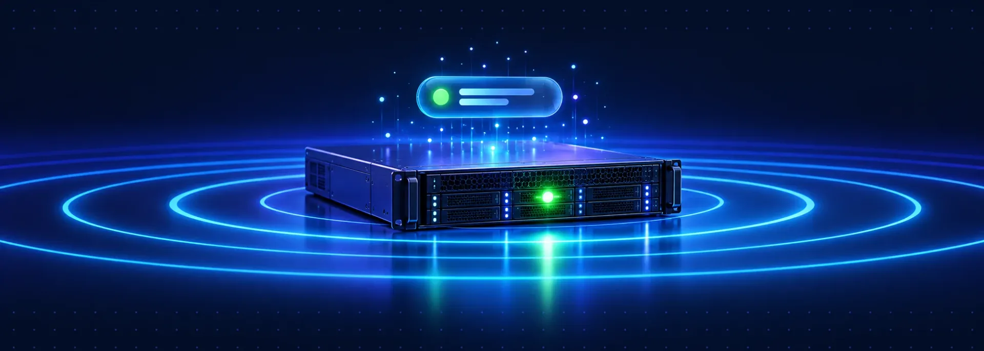 A server with a green live beacon, its new address floating above it