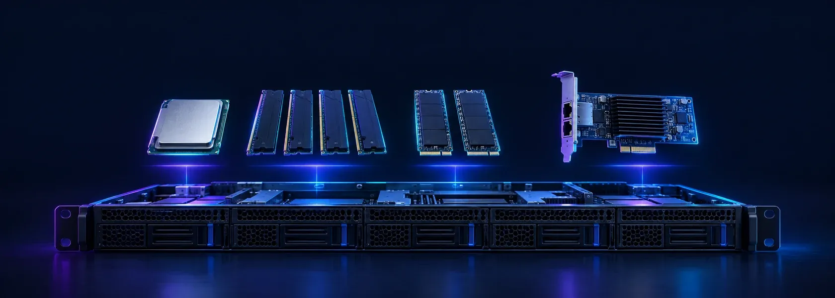 A PingPlayers rack server with its CPU, DDR5 memory, NVMe drives and network card lifted out in a row