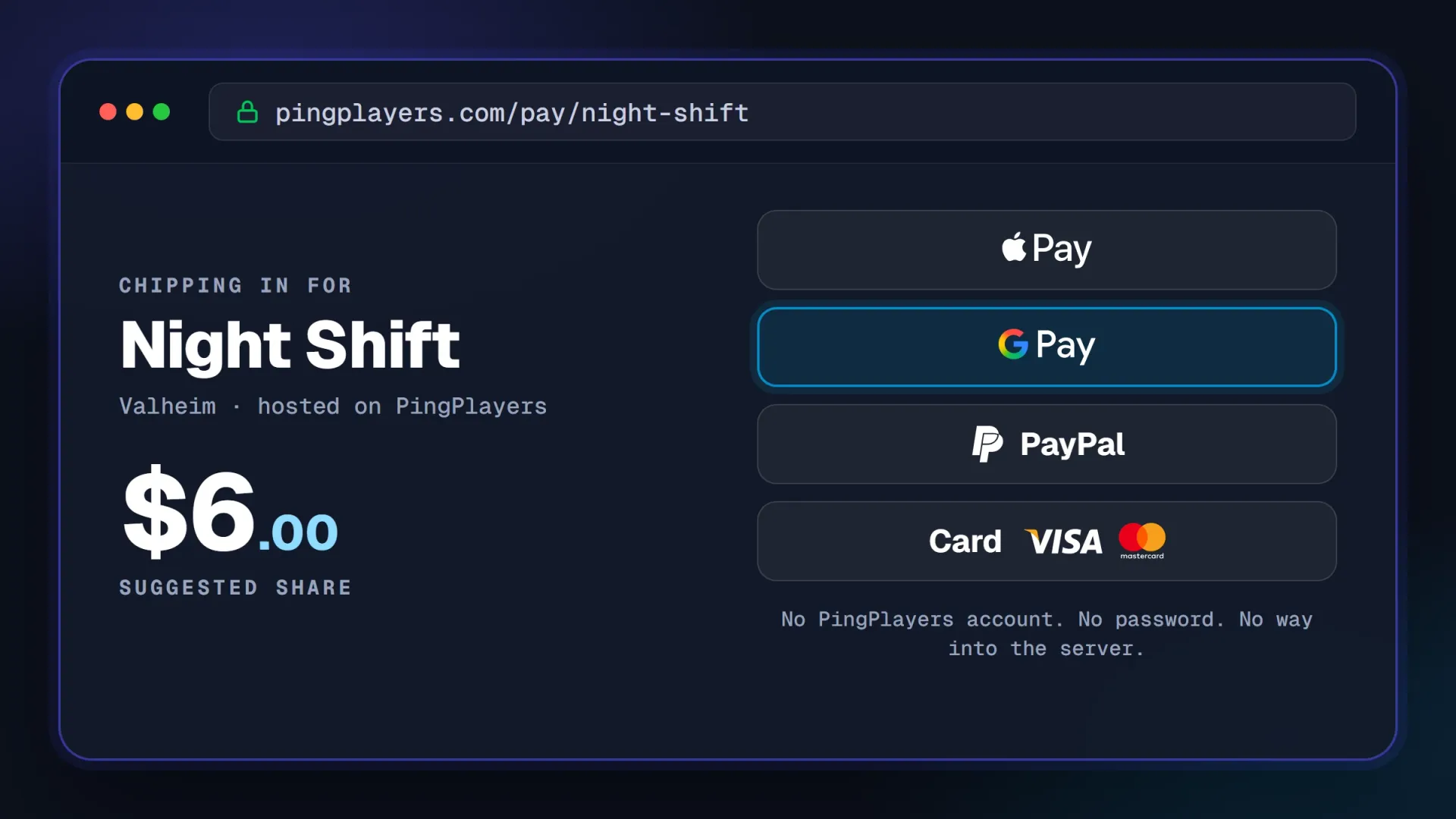 Die Seite, die ein Squad-Mitglied über den SharePay-Link öffnet: Servername, vorgeschlagener Anteil und die Buttons zur Zahlung