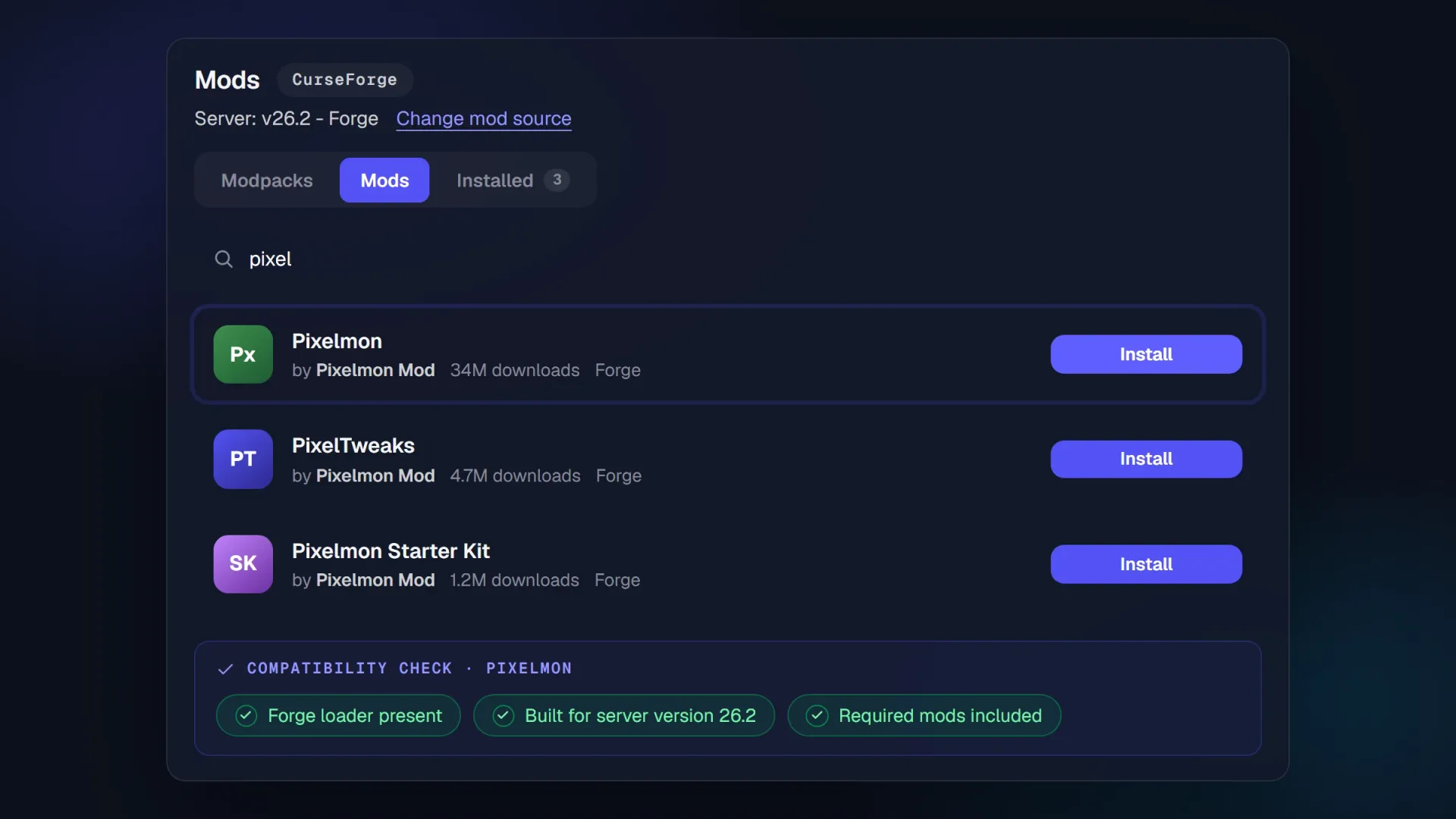 The Mods tab of the PingPlayers control panel searching CurseForge for Pixelmon, the compatibility check cleared and the Install button ready