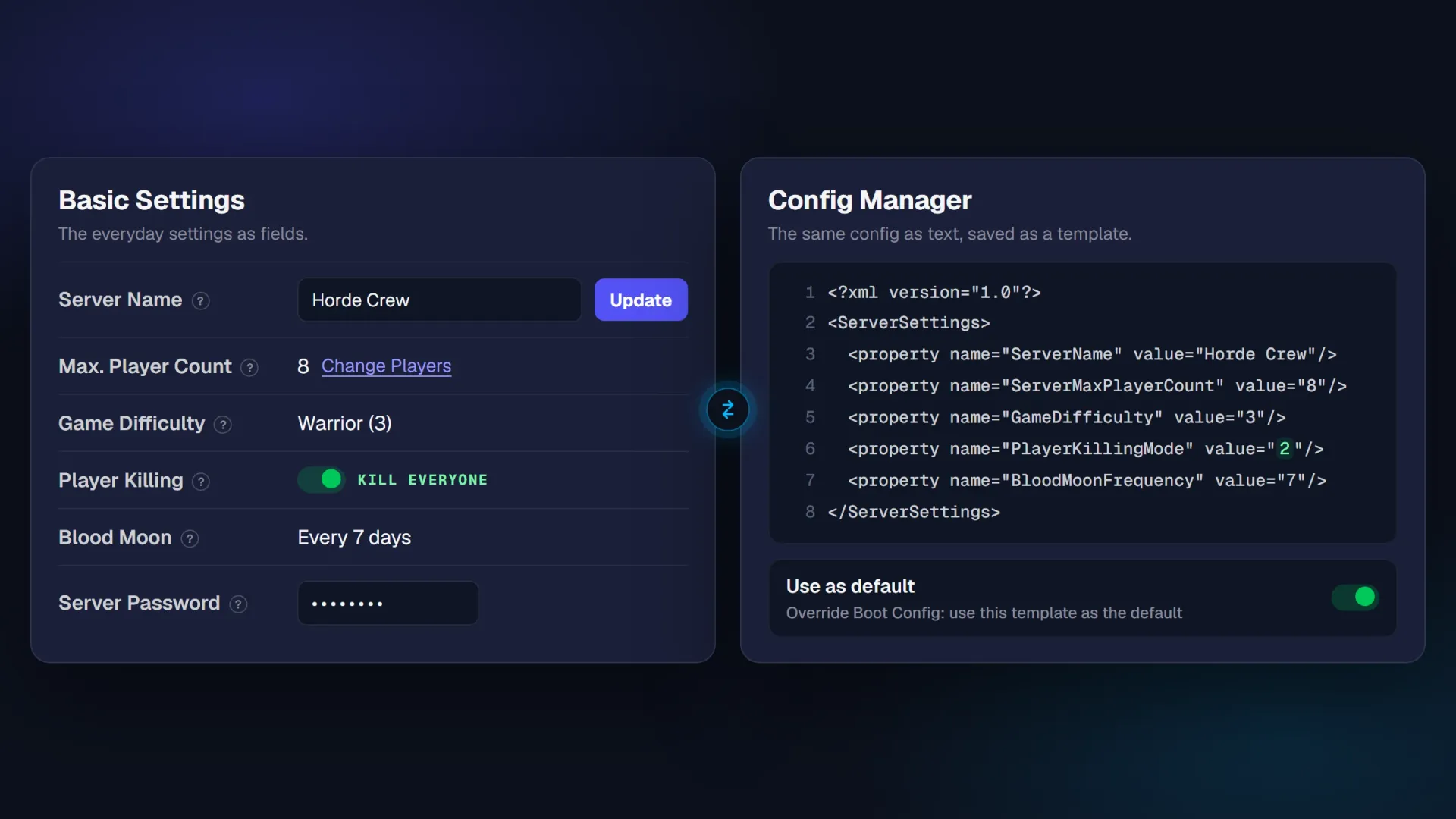 Basic Settings as fields beside Config Manager showing the same config as text, saved as a template