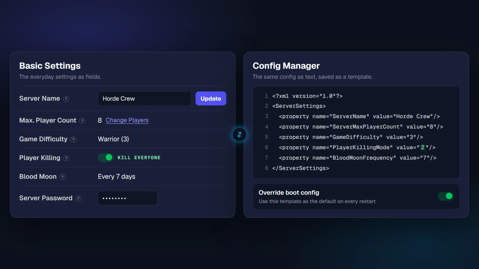 Basic Settings as fields beside Config Manager showing the same config as text with the override boot config switch
