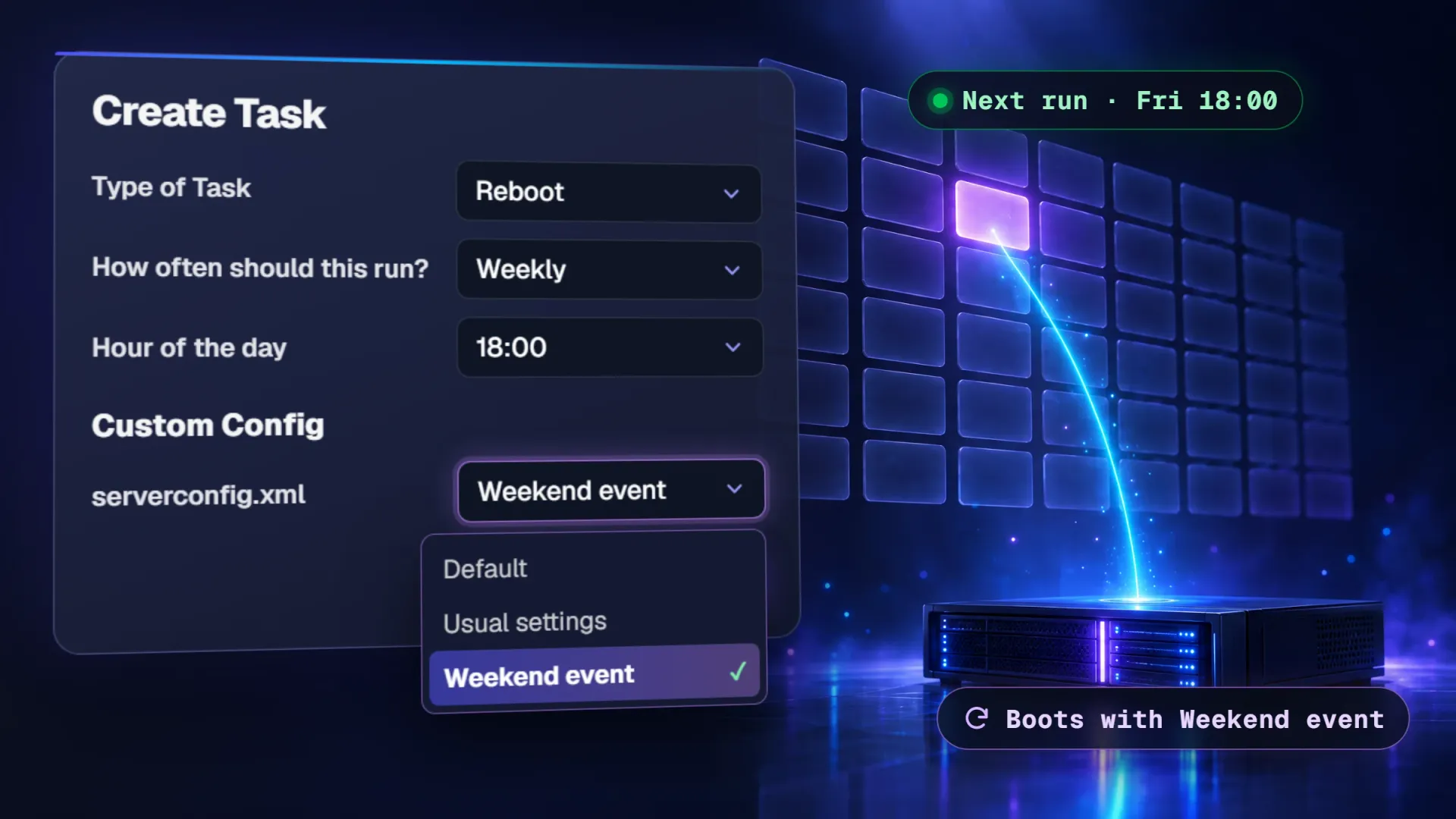 The Create Task form in the PingPlayers panel, a weekly Friday 18:00 reboot that boots with the weekend event config, over a lit weekly calendar sending a pulse to a game server