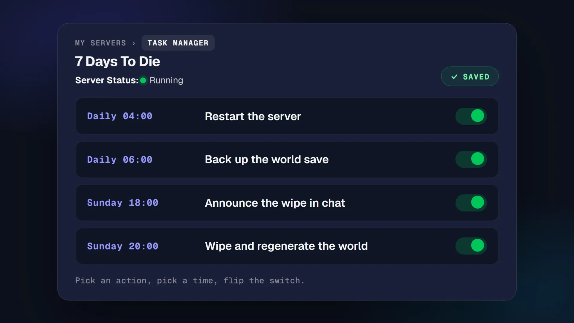 Task Manager in the PingPlayers panel: four scheduled jobs on a 7 Days to Die server, each on its own switch